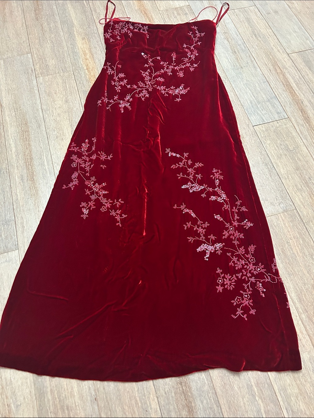 Kay Unger Red Velvet Maxi Dress with Floral Embroidery